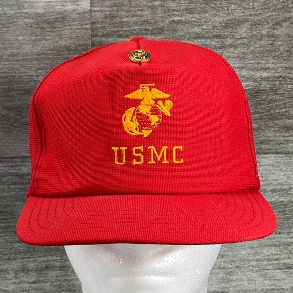 VTG USMC Marines USA Made Adjustable Snap Back Trucker Hat Embroidered Logo Red - Picture 5 of 14